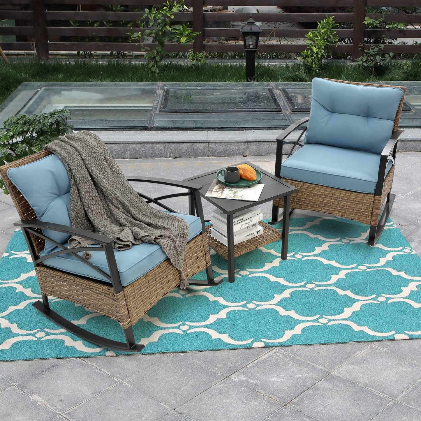 Rattan Rocking Chair Set Outdoor Grey with Steel Table