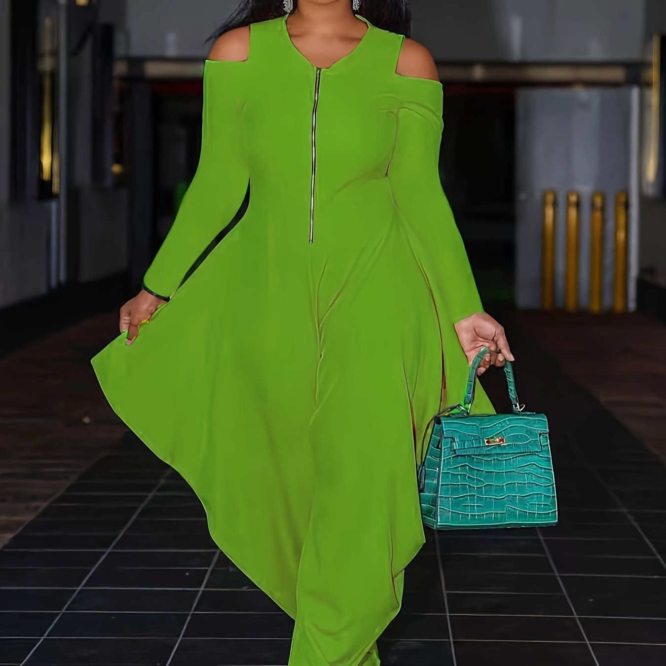 Fashionable Solid Color Off-Shoulder Zip-Up Jumpsuit