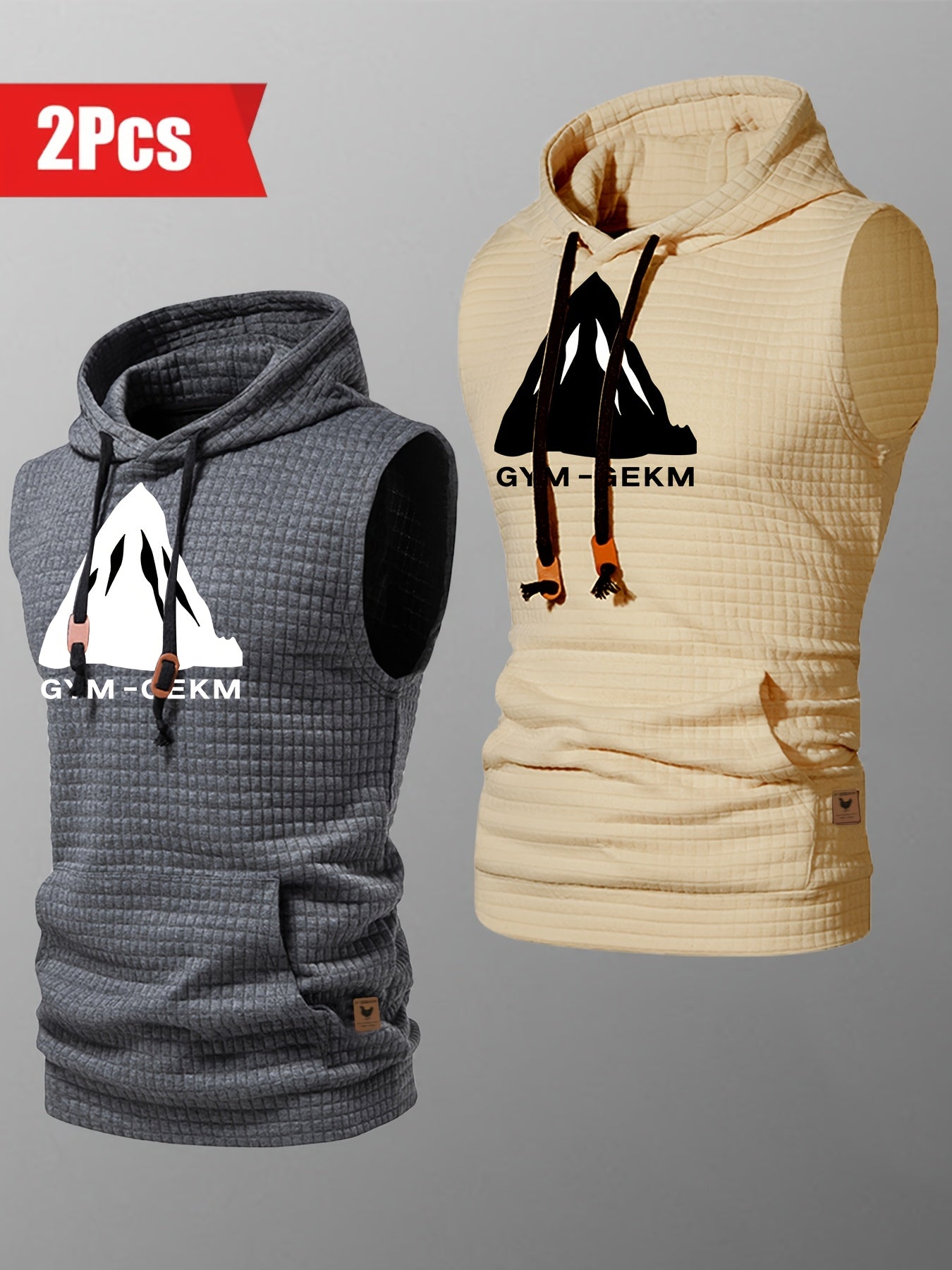 2pcs Casual Sleeveless Hooded Jacquard Tank Top