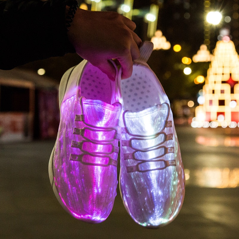 Summer LED Fiber Optic Shoes – USB Rechargeable Glowing Sneakers for Men, Women, Boys & Girls