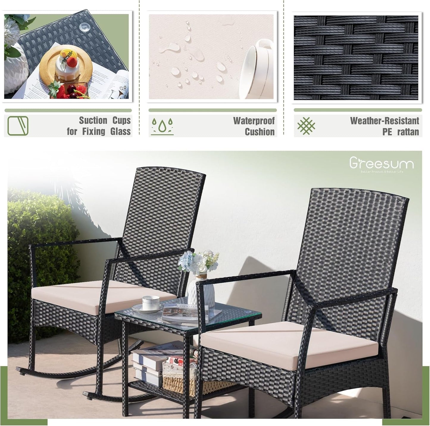 Three Piece Patio Furniture Set Outdoor Wicker Rocking Chairs With Glass Coffee Table Beige