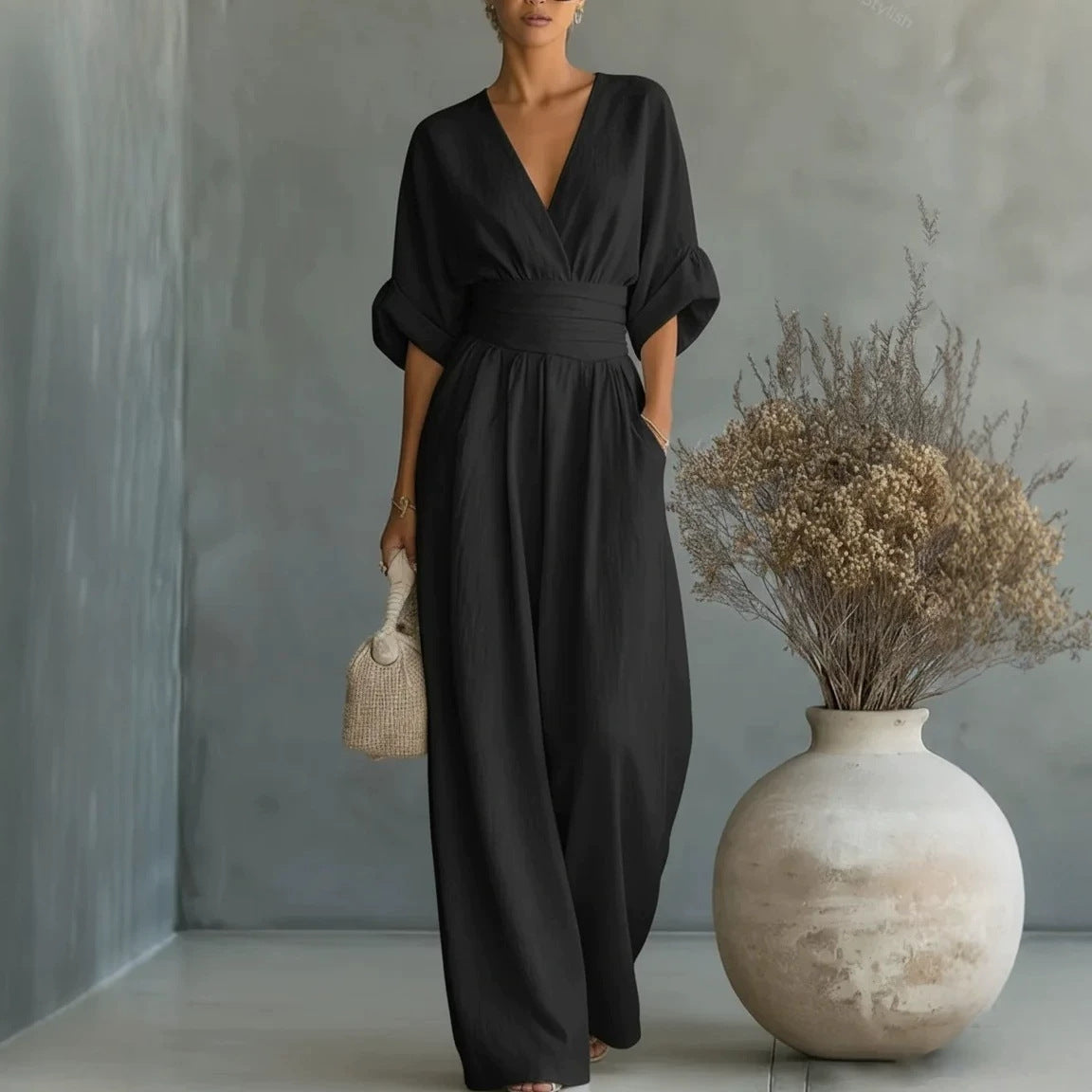 Summer Short-Sleeved Jumpsuit – Fashion Casual V-Neck Wide-Leg Pants for Women