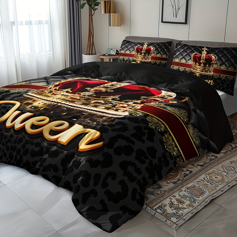 3pcs Crown Queen Leopard Print Quilt Cover Set