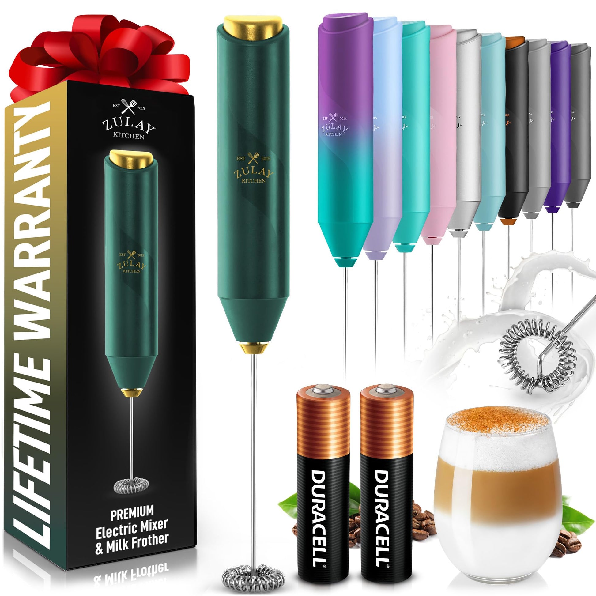 Zulay Kitchen Powerful Milk Frother Wand - Handheld Stainless Steel - Battery Operated Drink Mixer for Coffee, Lattes, Cappuccino, Matcha - Froth Mate Frother Gift - Black
