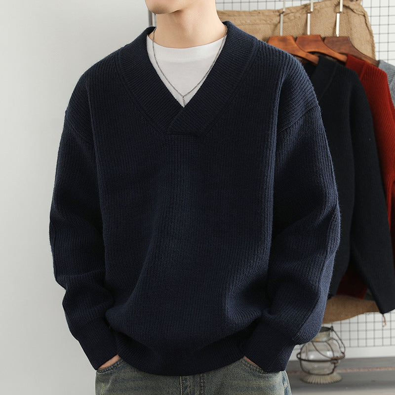 Men's V-Neck Solid Color Chunky Knit Sweater