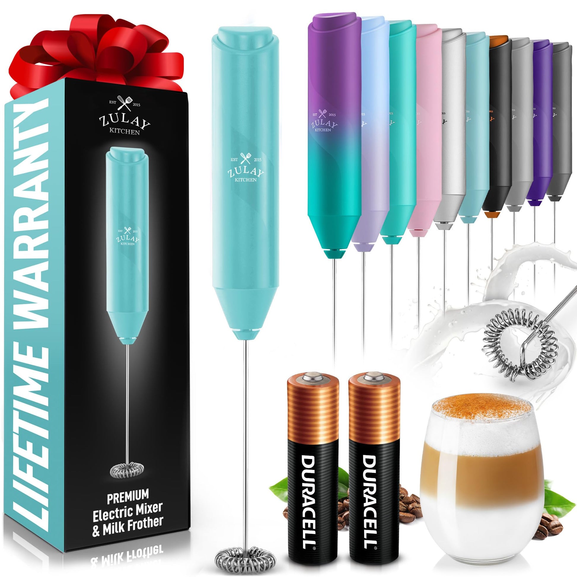 Zulay Kitchen Powerful Milk Frother Wand - Handheld Stainless Steel - Battery Operated Drink Mixer for Coffee, Lattes, Cappuccino, Matcha - Froth Mate Frother Gift - Black