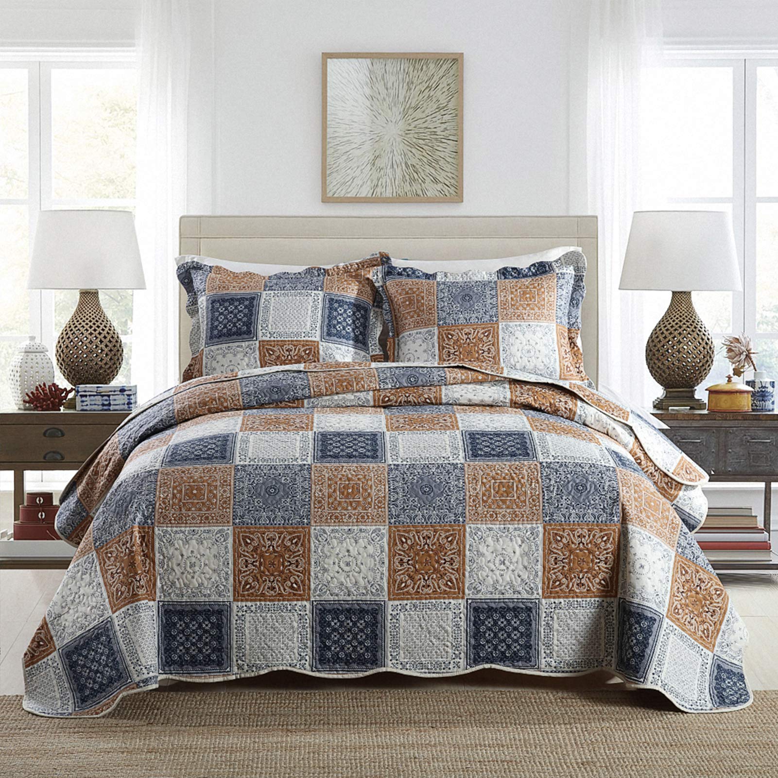 NEWLAKE Quilt Bedspread Sets-Checkered Floral Reversible Coverlet Set,Queen Size