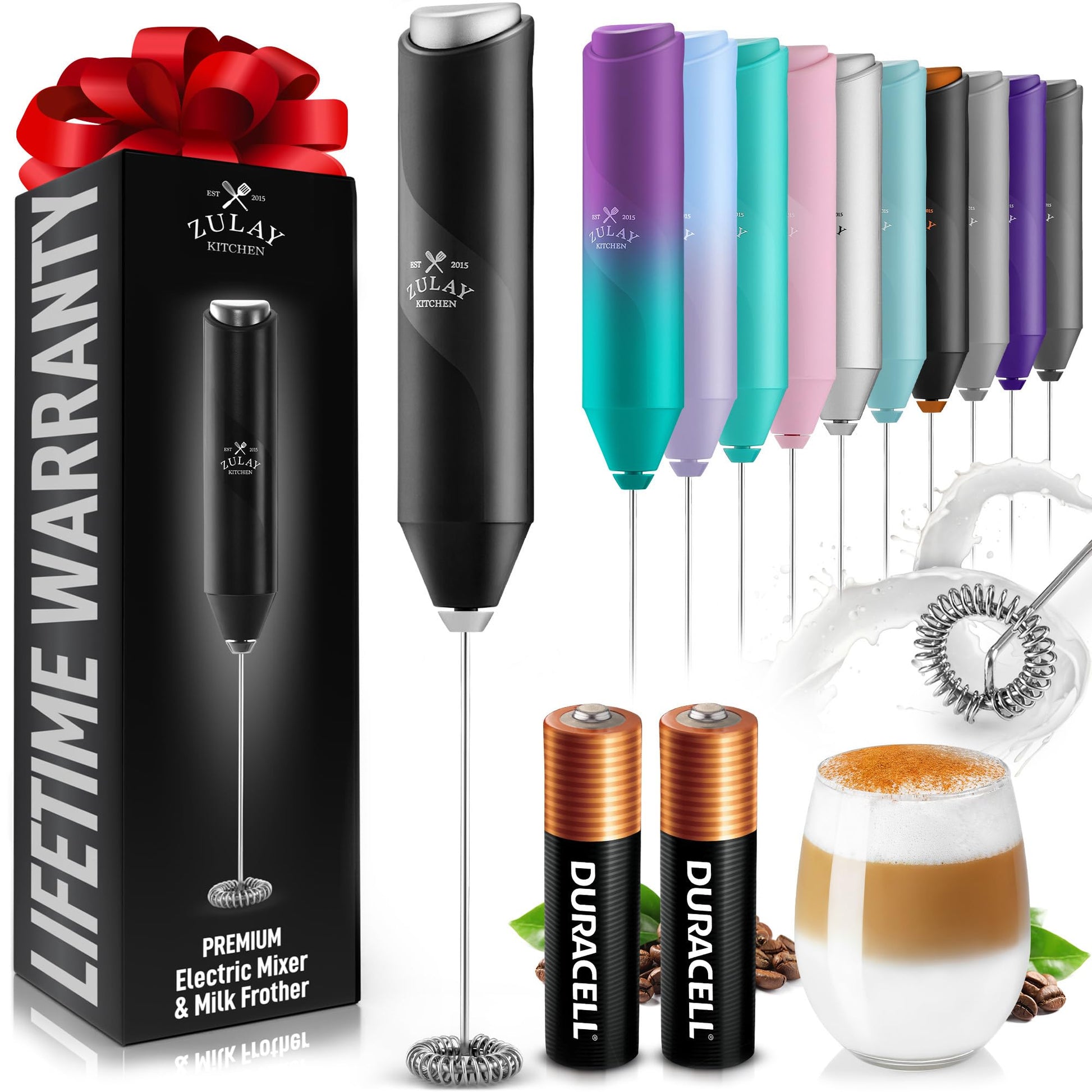 Zulay Kitchen Powerful Milk Frother Wand - Handheld Stainless Steel - Battery Operated Drink Mixer for Coffee, Lattes, Cappuccino, Matcha - Froth Mate Frother Gift - Black