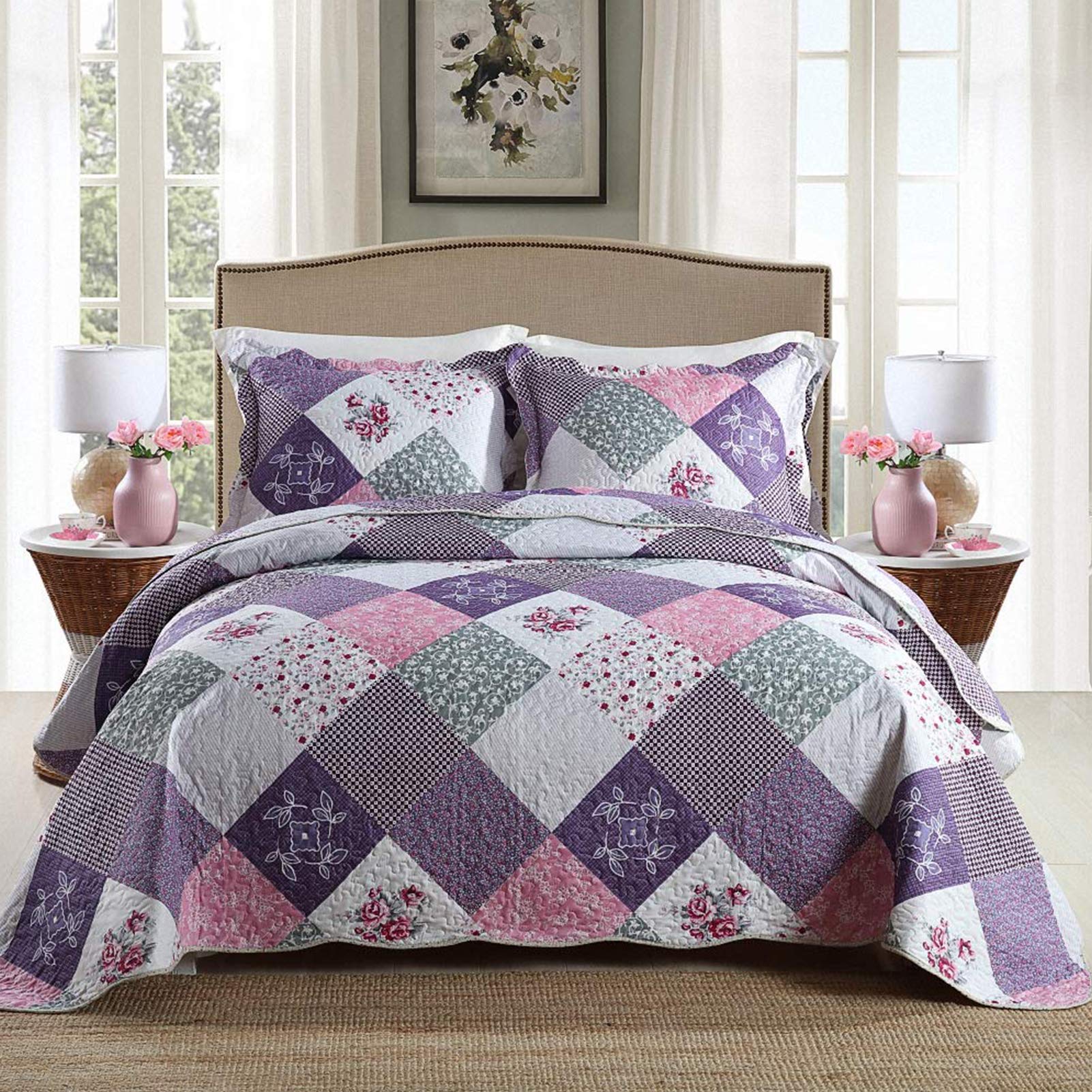 NEWLAKE Quilt Bedspread Sets-Checkered Floral Reversible Coverlet Set,Queen Size