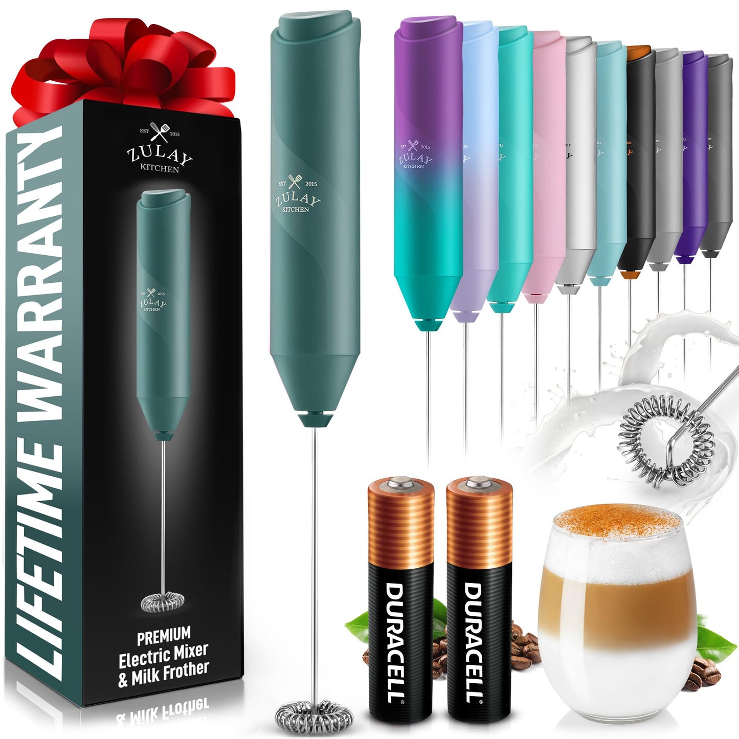 Zulay Kitchen Powerful Milk Frother Wand - Handheld Stainless Steel - Battery Operated Drink Mixer for Coffee, Lattes, Cappuccino, Matcha - Froth Mate Frother Gift - Black