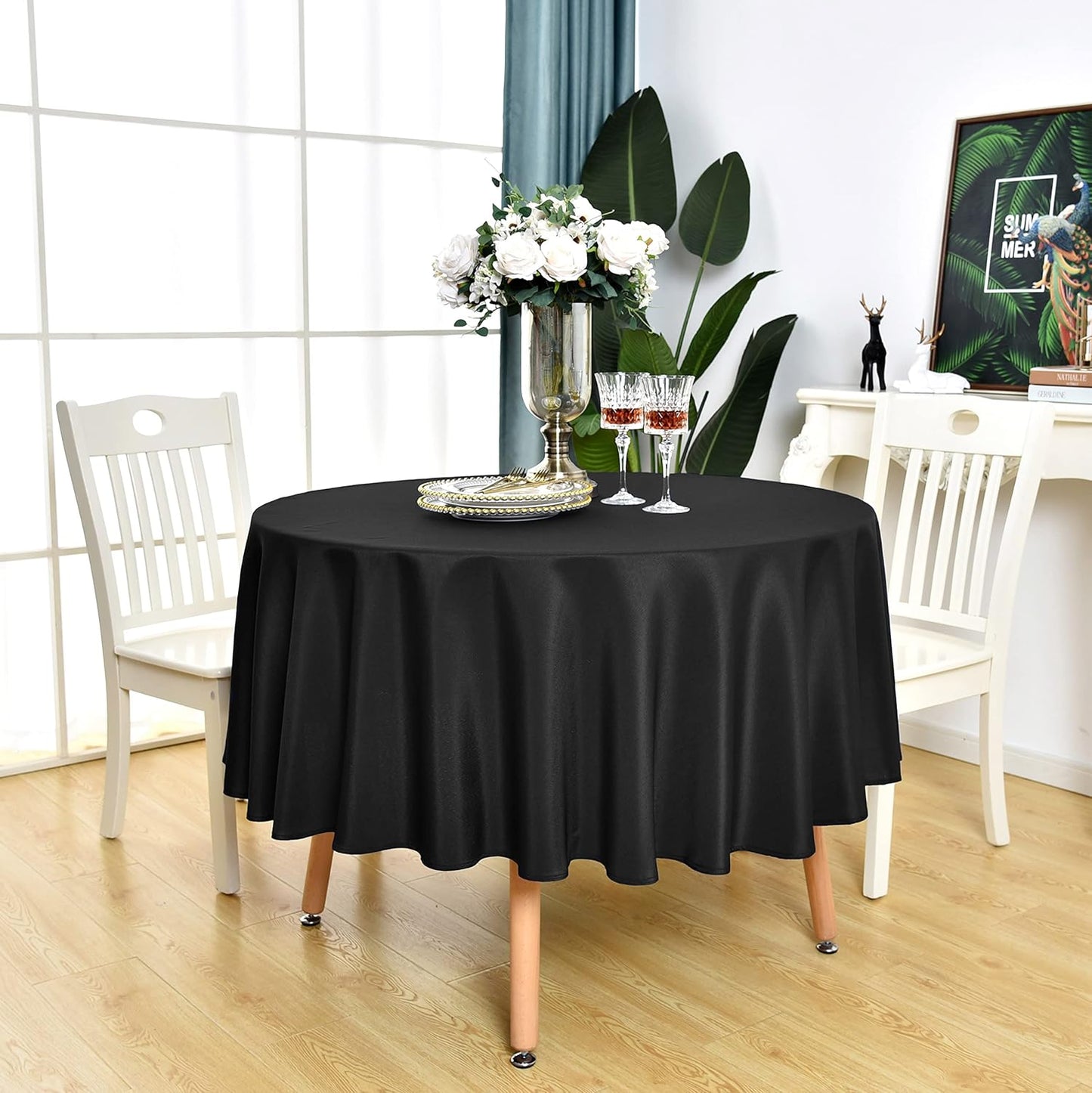 Black Round Tablecloth Waterproof Stain Resistant Wrinkle Free Table Cloth 210GSM Polyester Washable Wipeable Table Cover for Party, Banquet, Wedding, Indoor and Outdoor use (48 inch, Circle)
