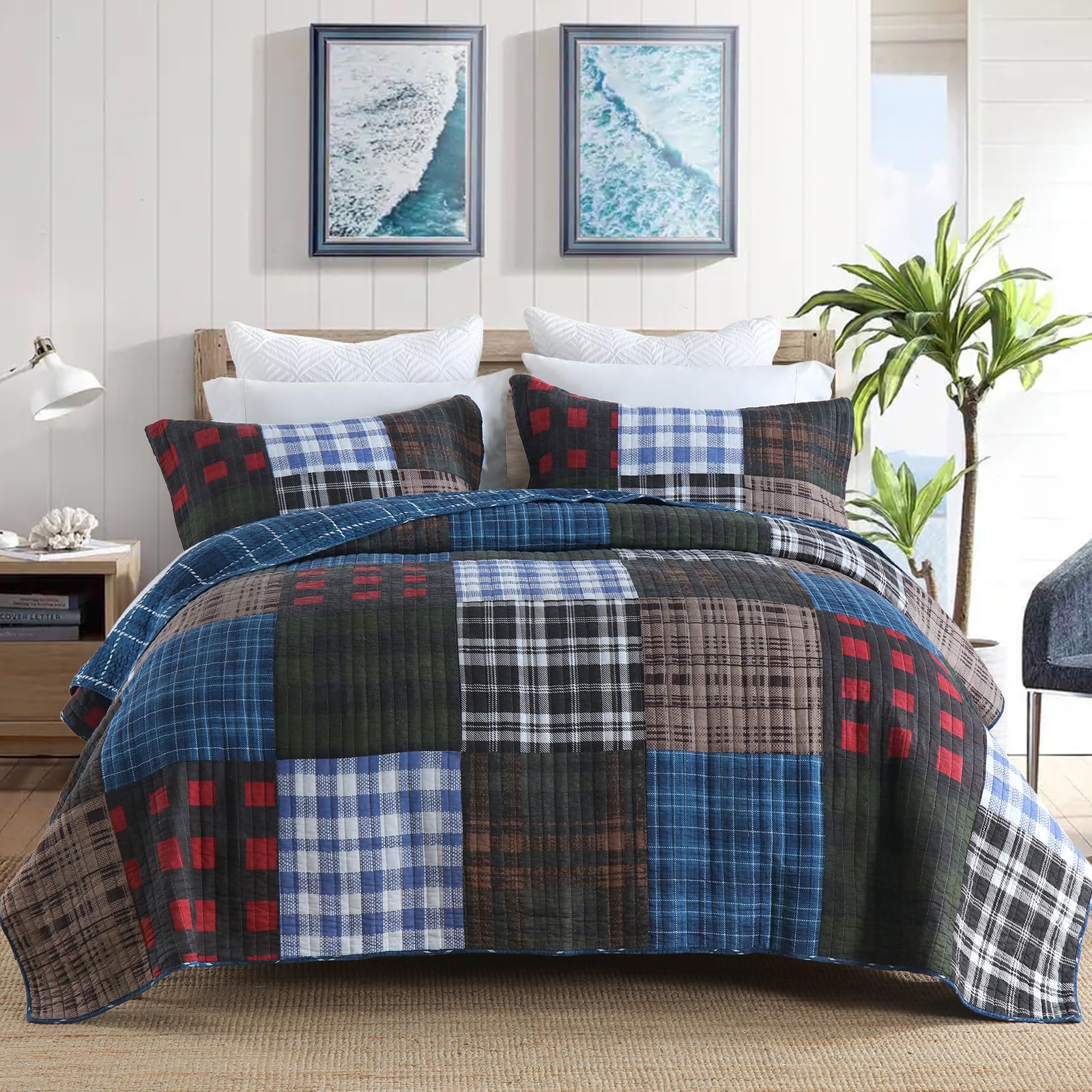 NEWLAKE Quilt Bedspread Sets-Checkered Floral Reversible Coverlet Set,Queen Size