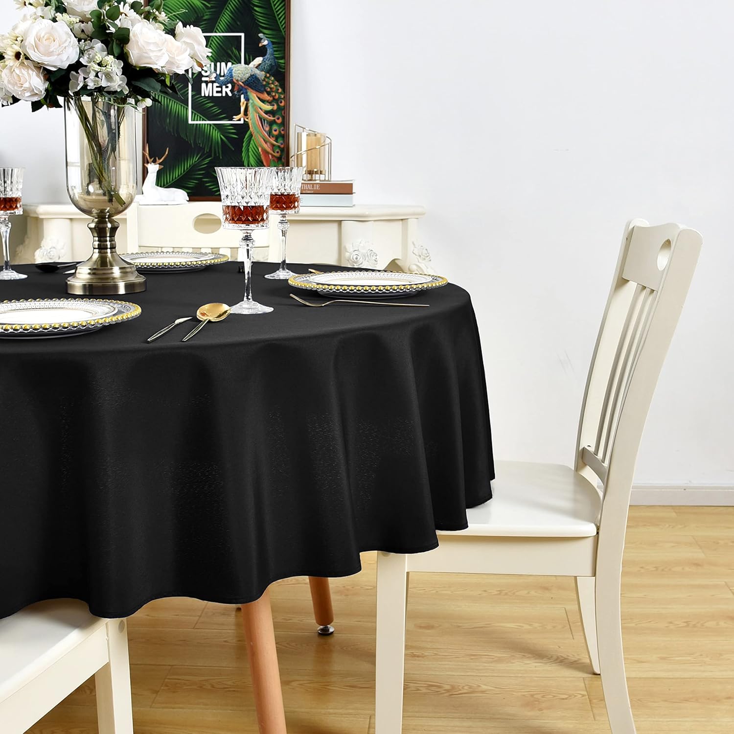 Black Round Tablecloth Waterproof Stain Resistant Wrinkle Free Table Cloth 210GSM Polyester Washable Wipeable Table Cover for Party, Banquet, Wedding, Indoor and Outdoor use (48 inch, Circle)