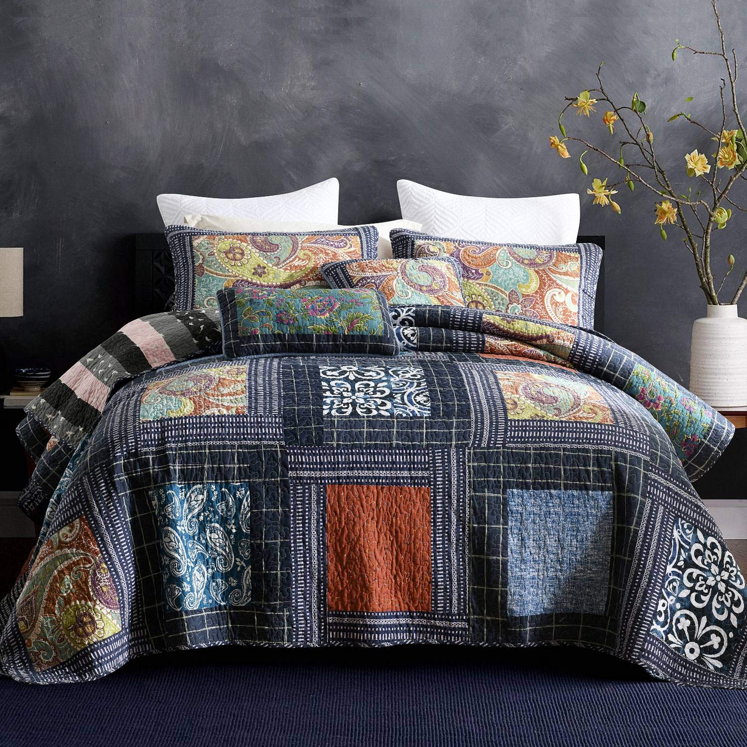 NEWLAKE Quilt Bedspread Sets-Checkered Floral Reversible Coverlet Set,Queen Size