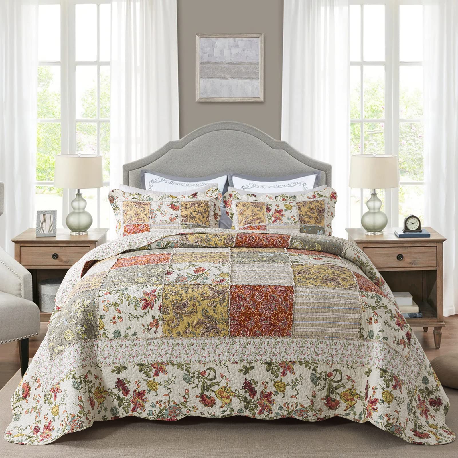 NEWLAKE Quilt Bedspread Sets-Checkered Floral Reversible Coverlet Set,Queen Size