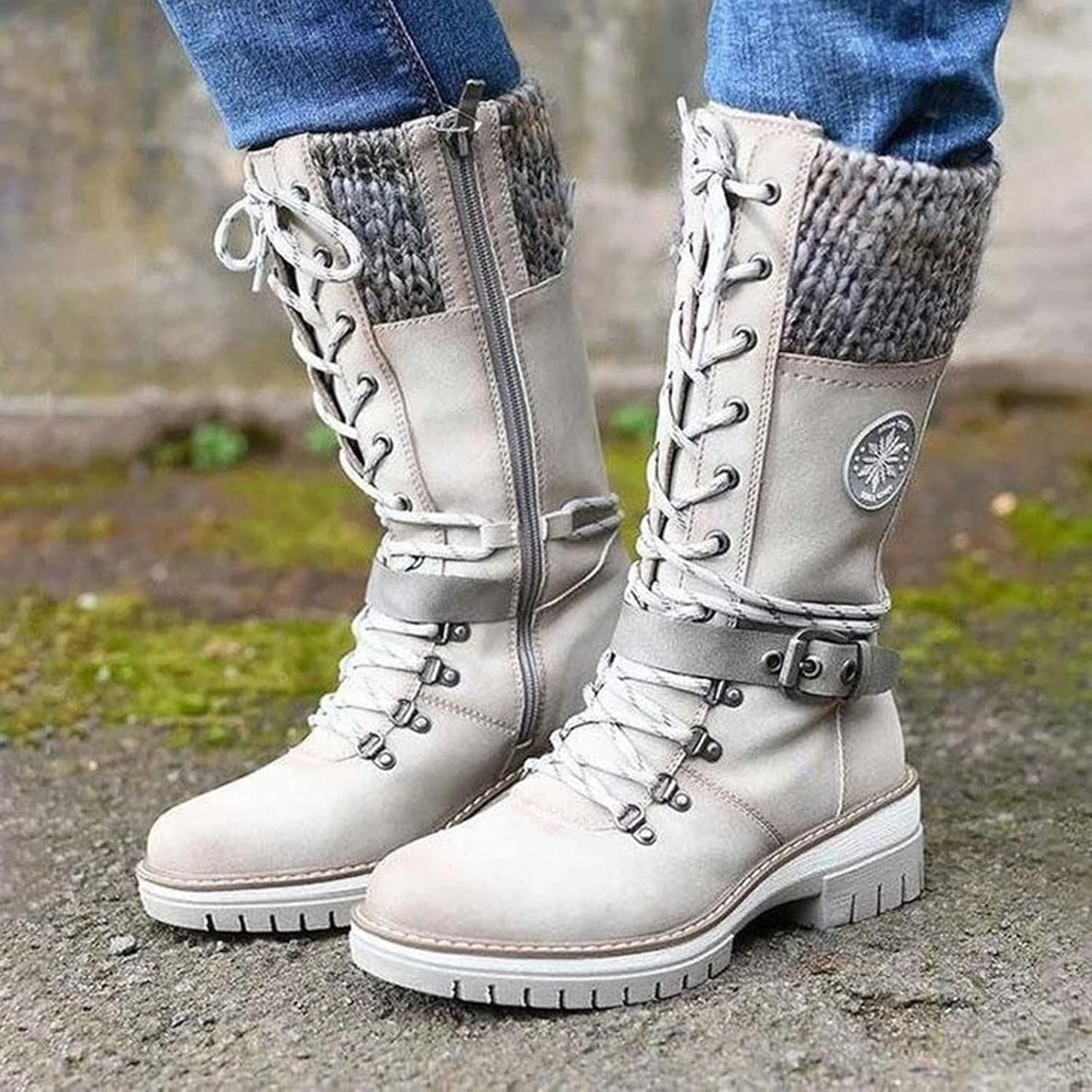 AngryMonkey Women's Winter Warm Mid-Calf Snow Boots,Knitted Suede Splicing Lace-up Non-Slip Waterproof Outdoor Casual Booties