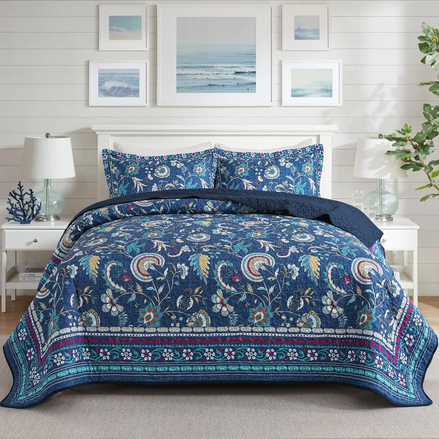 NEWLAKE Quilt Bedspread Sets-Checkered Floral Reversible Coverlet Set,Queen Size