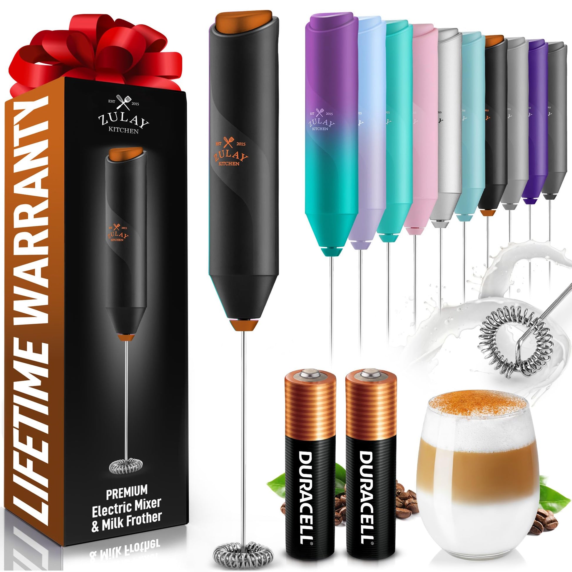 Zulay Kitchen Powerful Milk Frother Wand - Handheld Stainless Steel - Battery Operated Drink Mixer for Coffee, Lattes, Cappuccino, Matcha - Froth Mate Frother Gift - Black