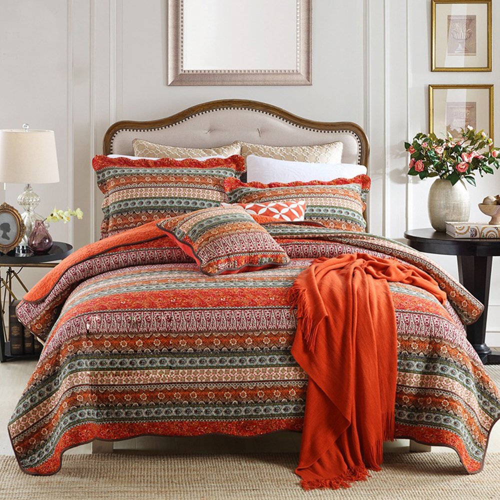 NEWLAKE Quilt Bedspread Sets-Checkered Floral Reversible Coverlet Set,Queen Size