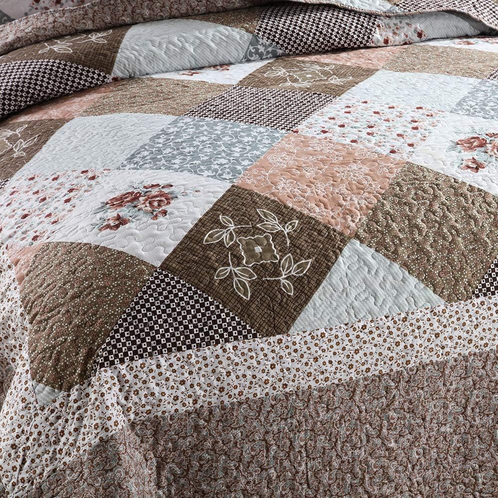 NEWLAKE Quilt Bedspread Sets-Checkered Floral Reversible Coverlet Set,Queen Size
