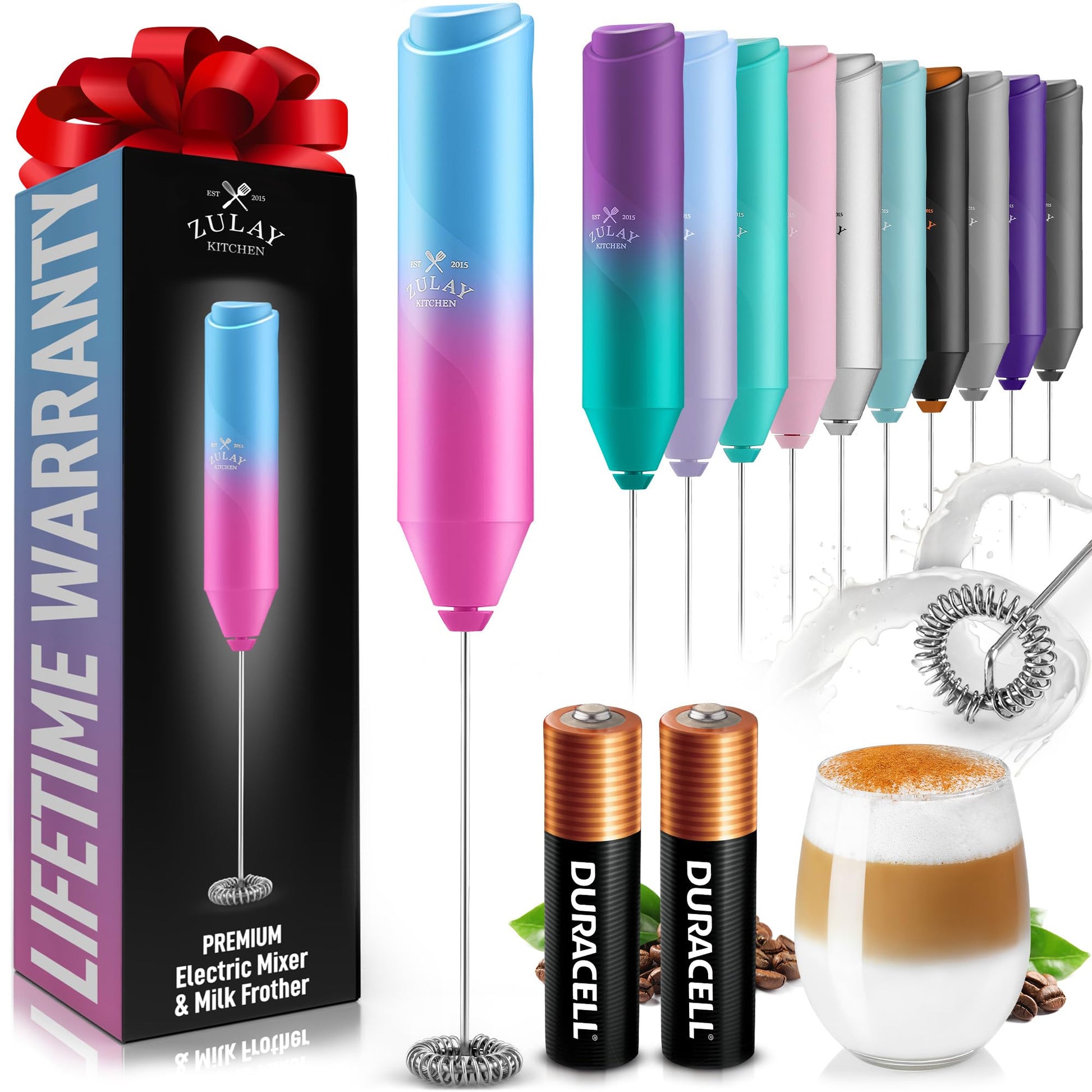 Zulay Kitchen Powerful Milk Frother Wand - Handheld Stainless Steel - Battery Operated Drink Mixer for Coffee, Lattes, Cappuccino, Matcha - Froth Mate Frother Gift - Black