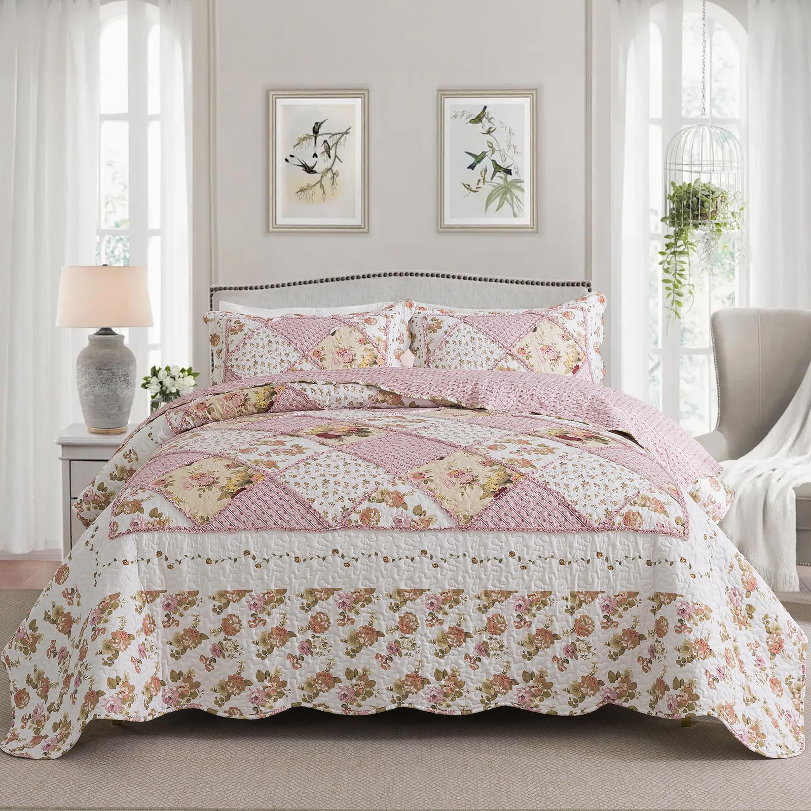 NEWLAKE Quilt Bedspread Sets-Checkered Floral Reversible Coverlet Set,Queen Size