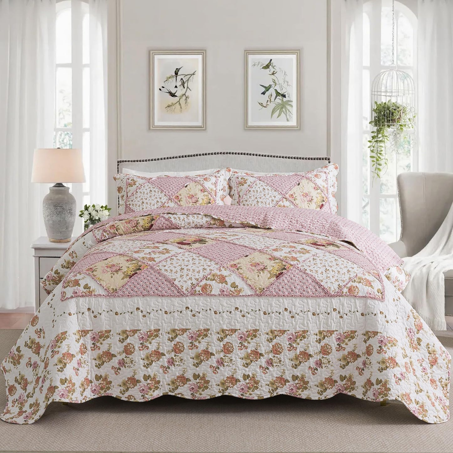 NEWLAKE Quilt Bedspread Sets-Checkered Floral Reversible Coverlet Set,Queen Size