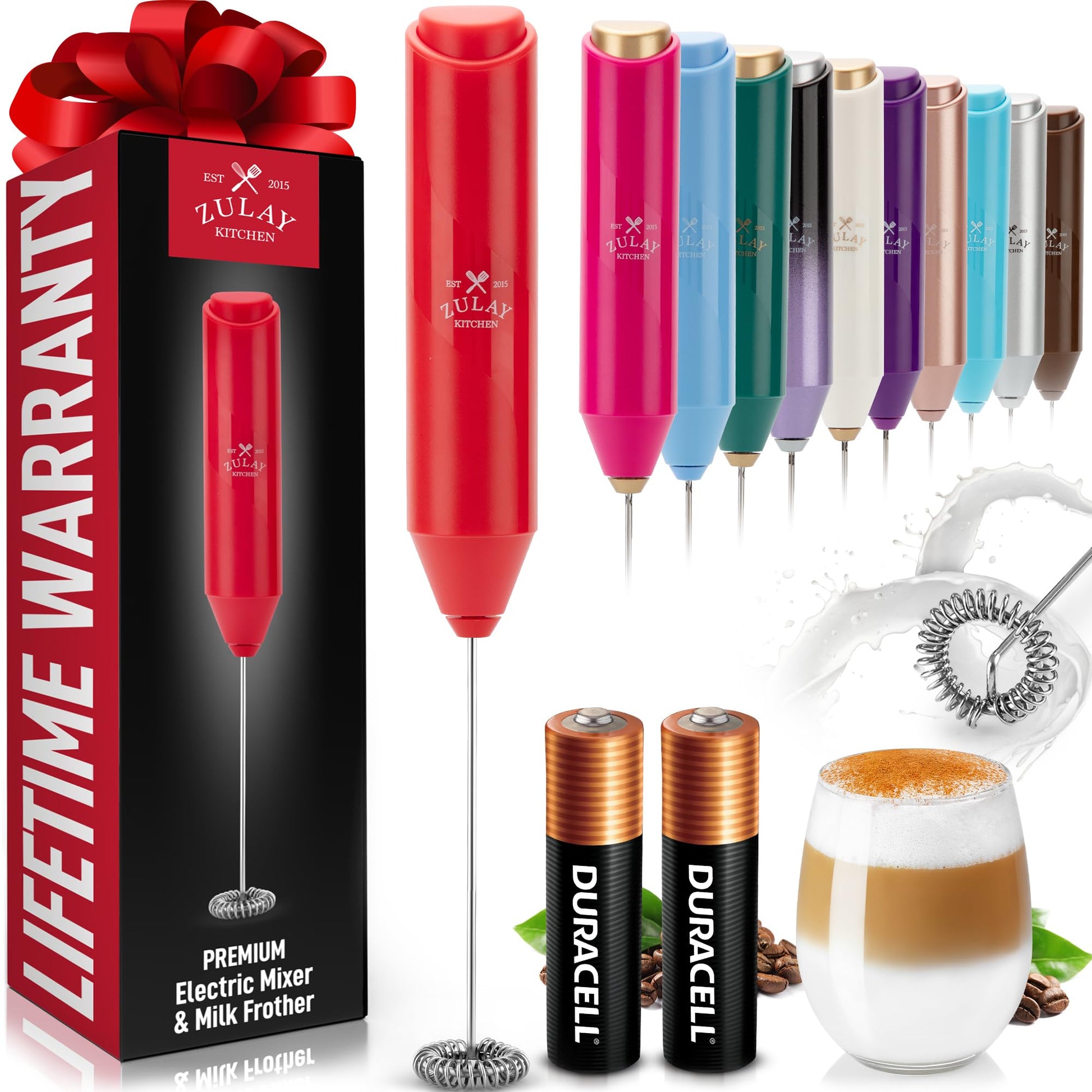 Zulay Kitchen Powerful Milk Frother Wand - Handheld Stainless Steel - Battery Operated Drink Mixer for Coffee, Lattes, Cappuccino, Matcha - Froth Mate Frother Gift - Black