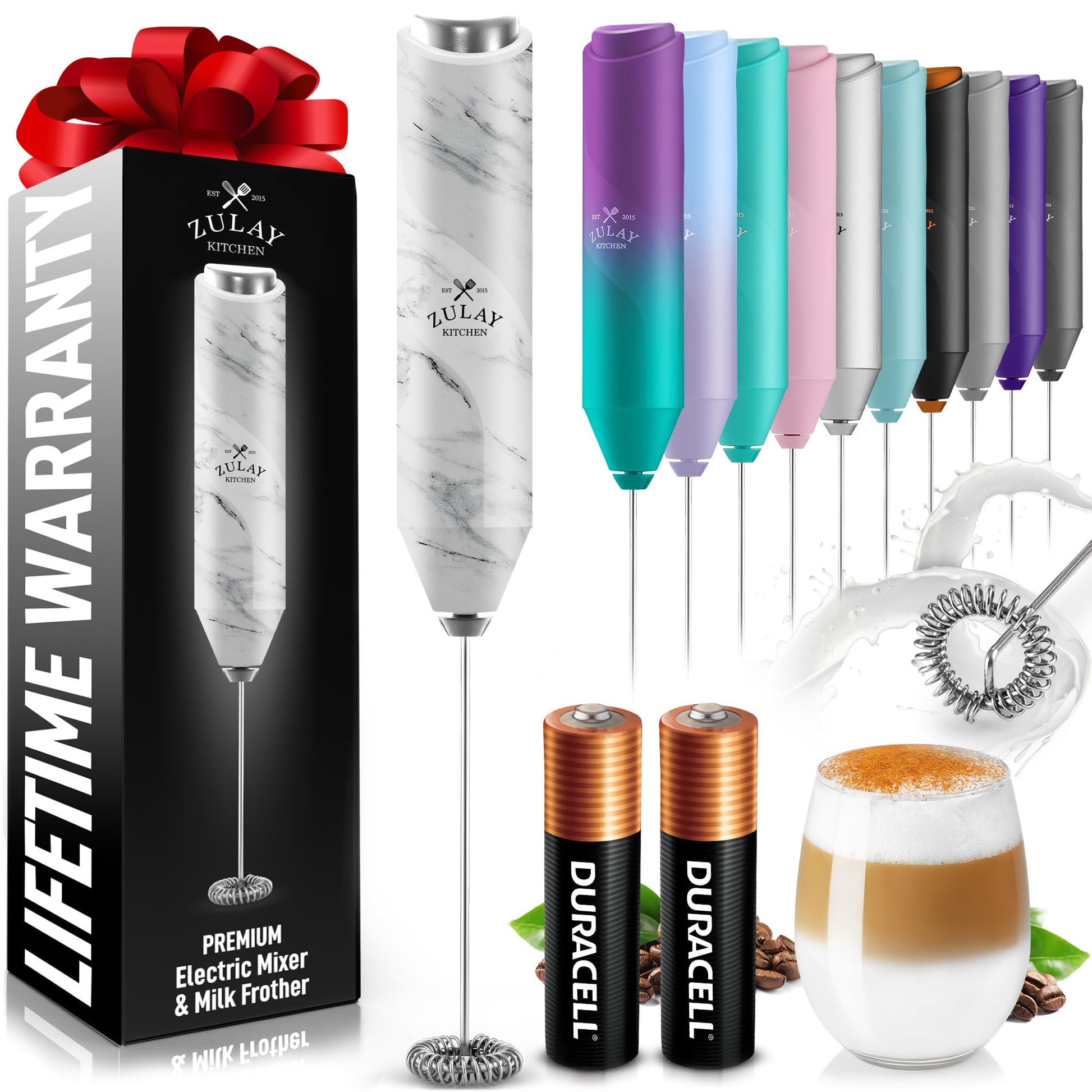 Zulay Kitchen Powerful Milk Frother Wand - Handheld Stainless Steel - Battery Operated Drink Mixer for Coffee, Lattes, Cappuccino, Matcha - Froth Mate Frother Gift - Black