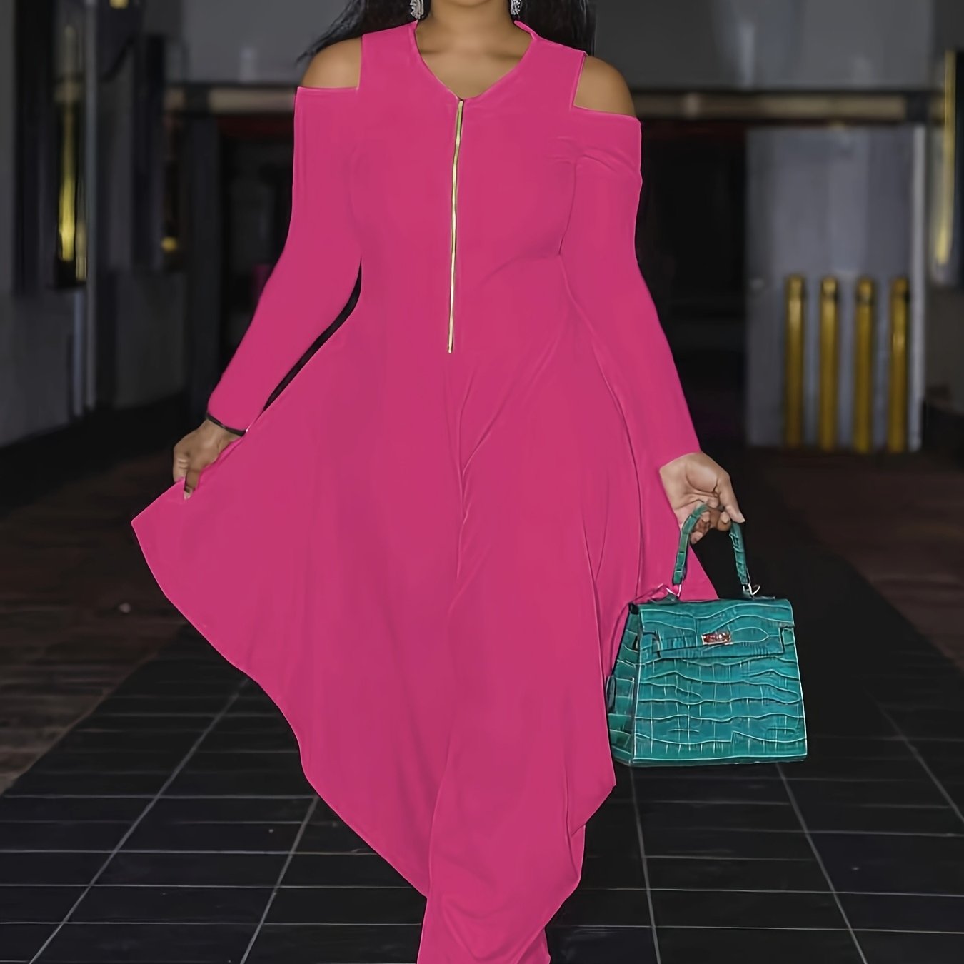 Fashionable Solid Color Off-Shoulder Zip-Up Jumpsuit