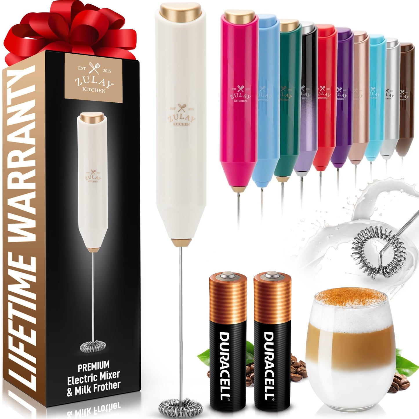 Zulay Kitchen Powerful Milk Frother Wand - Handheld Stainless Steel - Battery Operated Drink Mixer for Coffee, Lattes, Cappuccino, Matcha - Froth Mate Frother Gift - Black