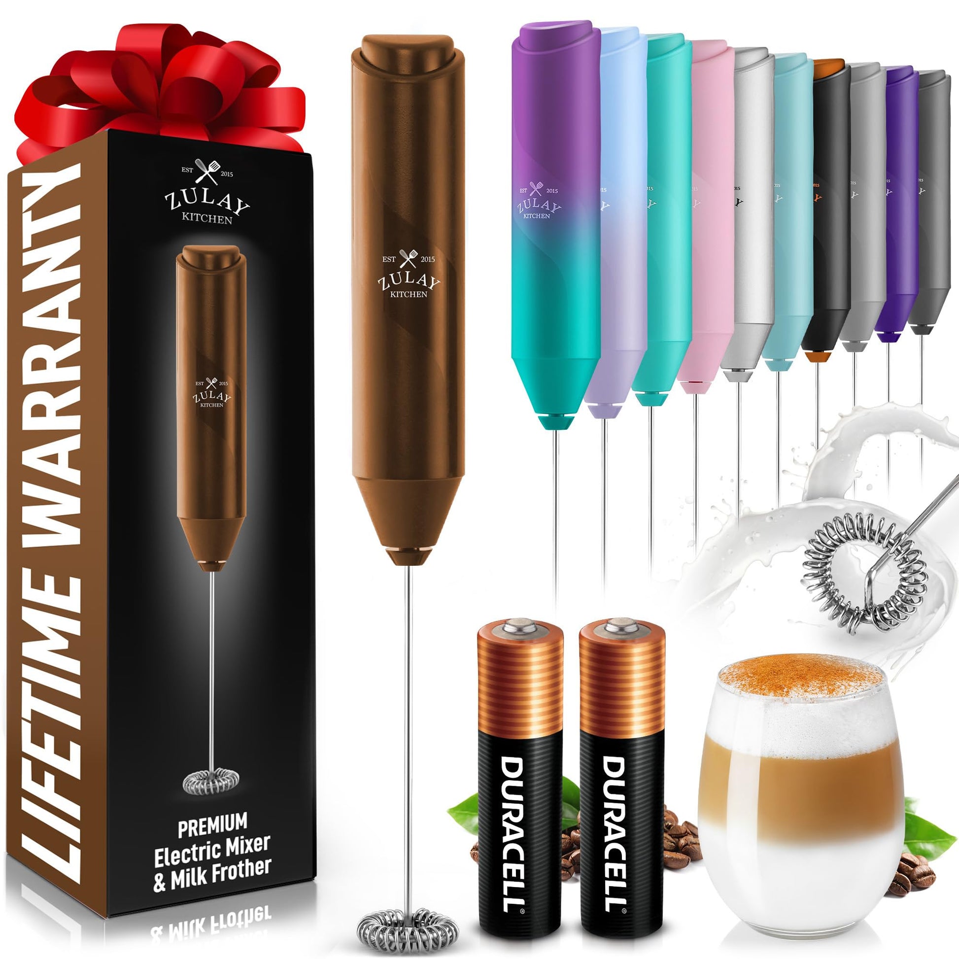 Zulay Kitchen Powerful Milk Frother Wand - Handheld Stainless Steel - Battery Operated Drink Mixer for Coffee, Lattes, Cappuccino, Matcha - Froth Mate Frother Gift - Black