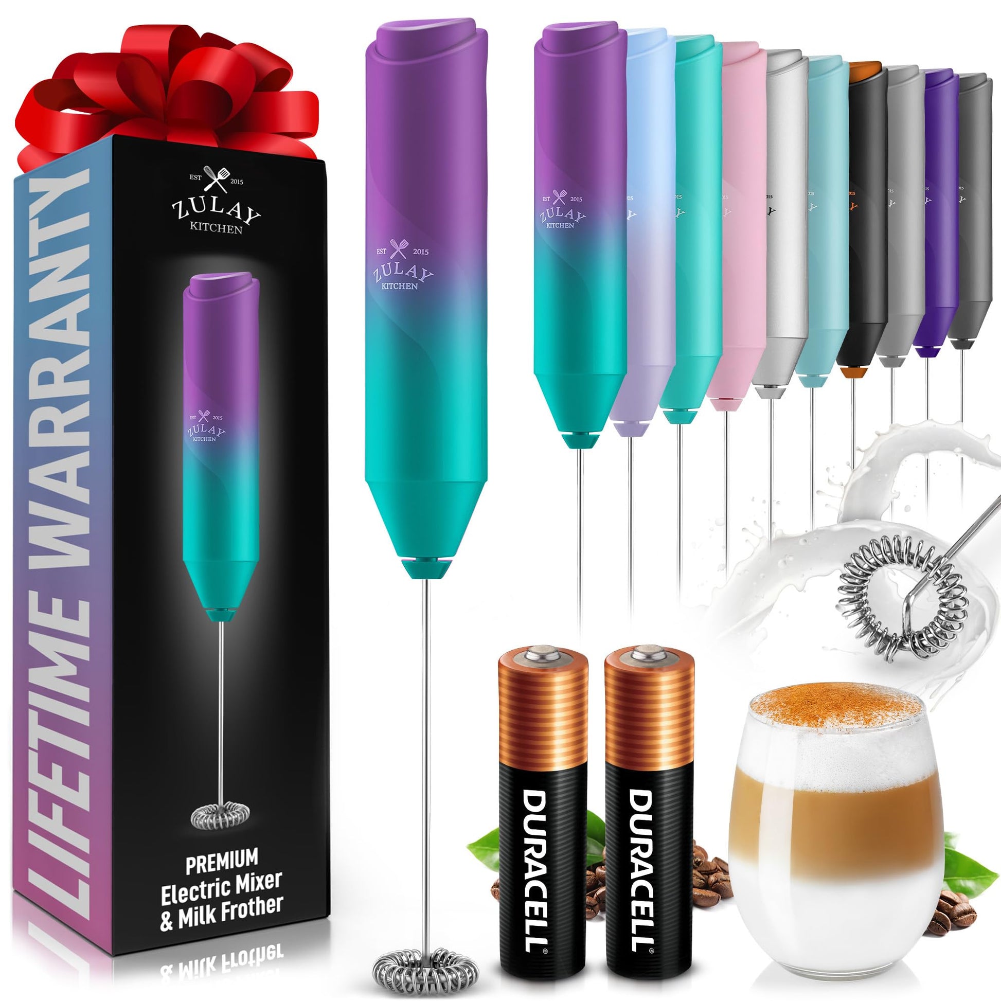 Zulay Kitchen Powerful Milk Frother Wand - Handheld Stainless Steel - Battery Operated Drink Mixer for Coffee, Lattes, Cappuccino, Matcha - Froth Mate Frother Gift - Black