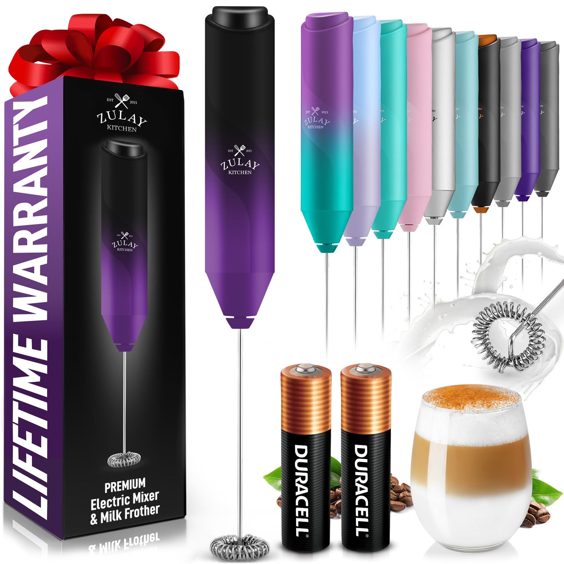 Zulay Kitchen Powerful Milk Frother Wand - Handheld Stainless Steel - Battery Operated Drink Mixer for Coffee, Lattes, Cappuccino, Matcha - Froth Mate Frother Gift - Black