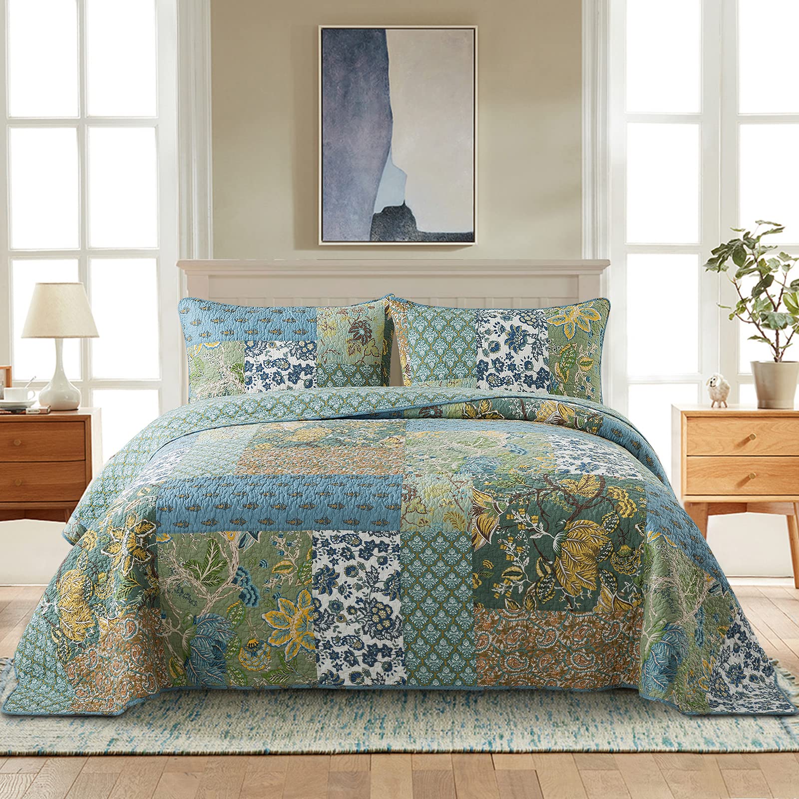 NEWLAKE Quilt Bedspread Sets-Checkered Floral Reversible Coverlet Set,Queen Size