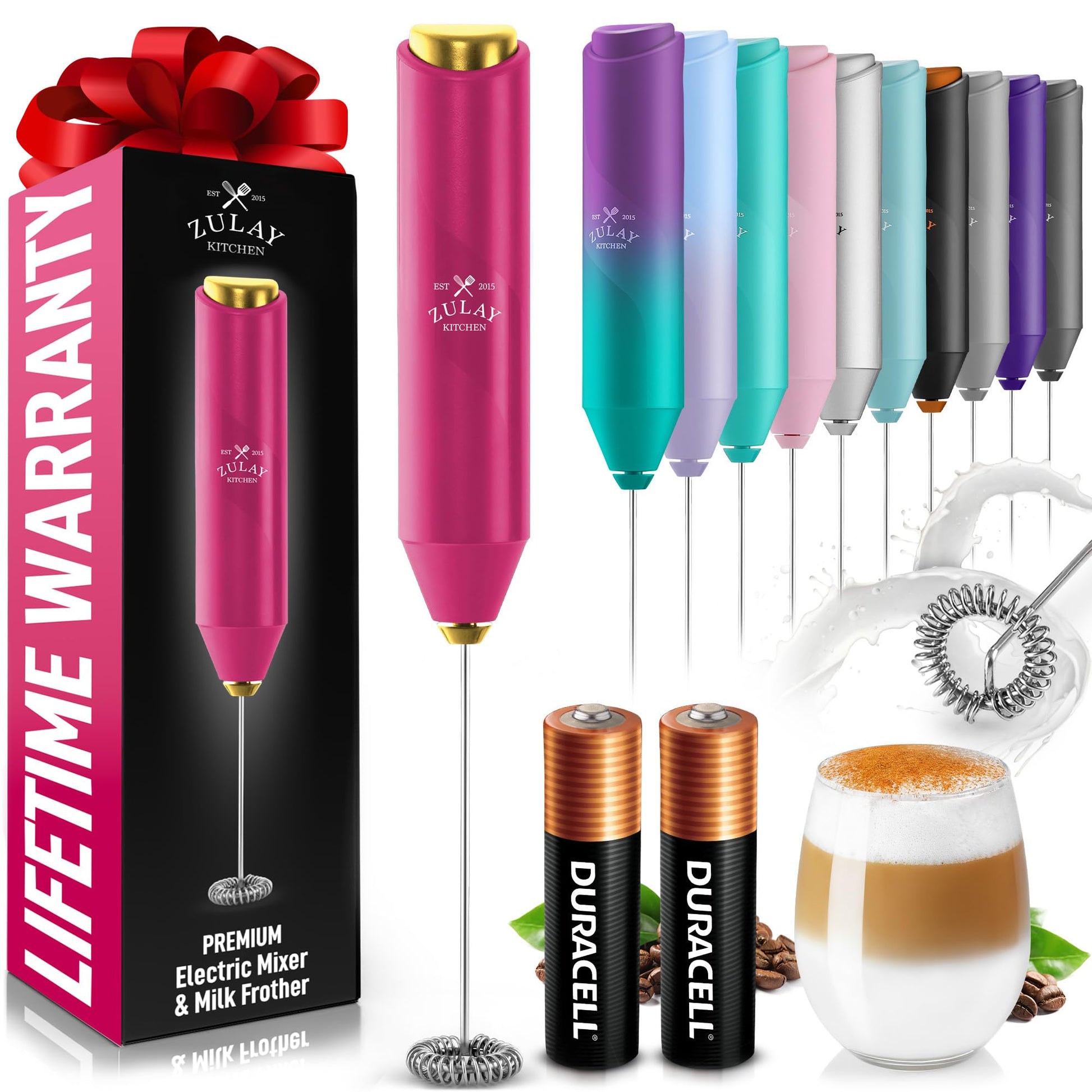 Zulay Kitchen Powerful Milk Frother Wand - Handheld Stainless Steel - Battery Operated Drink Mixer for Coffee, Lattes, Cappuccino, Matcha - Froth Mate Frother Gift - Black