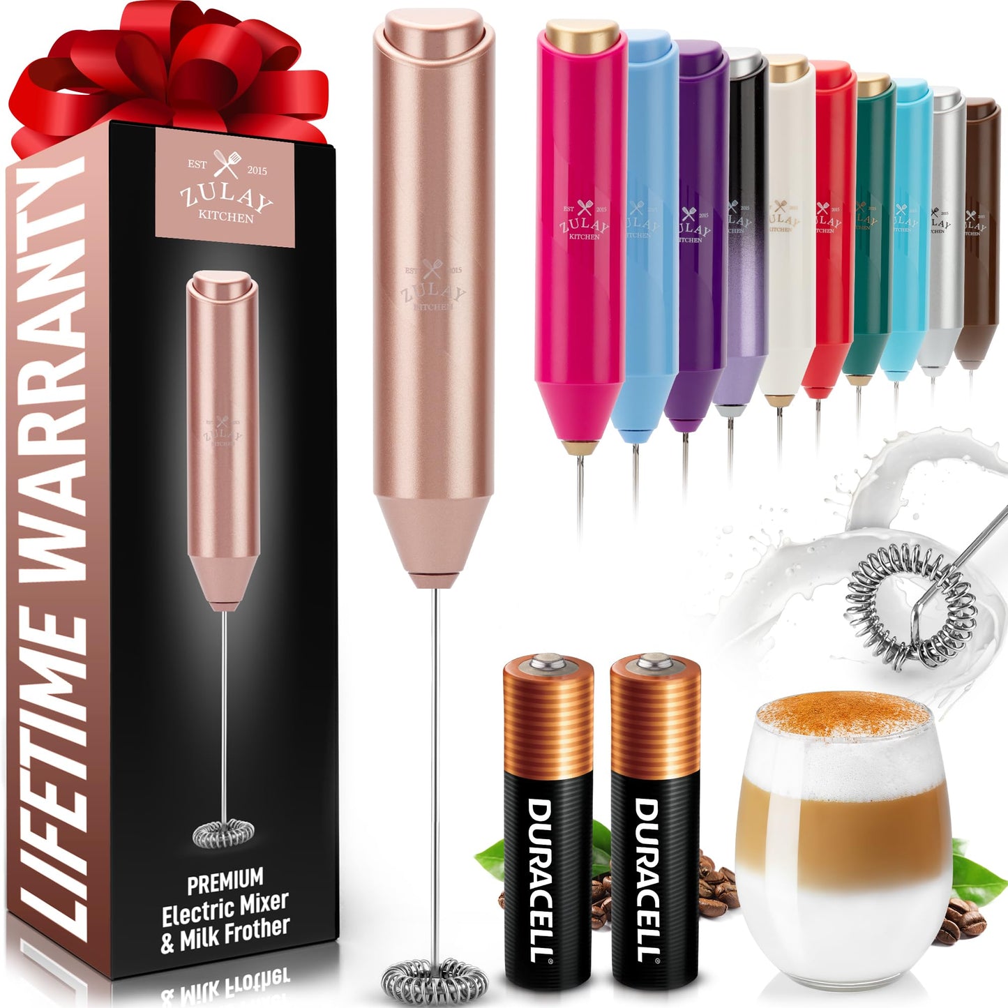 Zulay Kitchen Powerful Milk Frother Wand - Handheld Stainless Steel - Battery Operated Drink Mixer for Coffee, Lattes, Cappuccino, Matcha - Froth Mate Frother Gift - Black