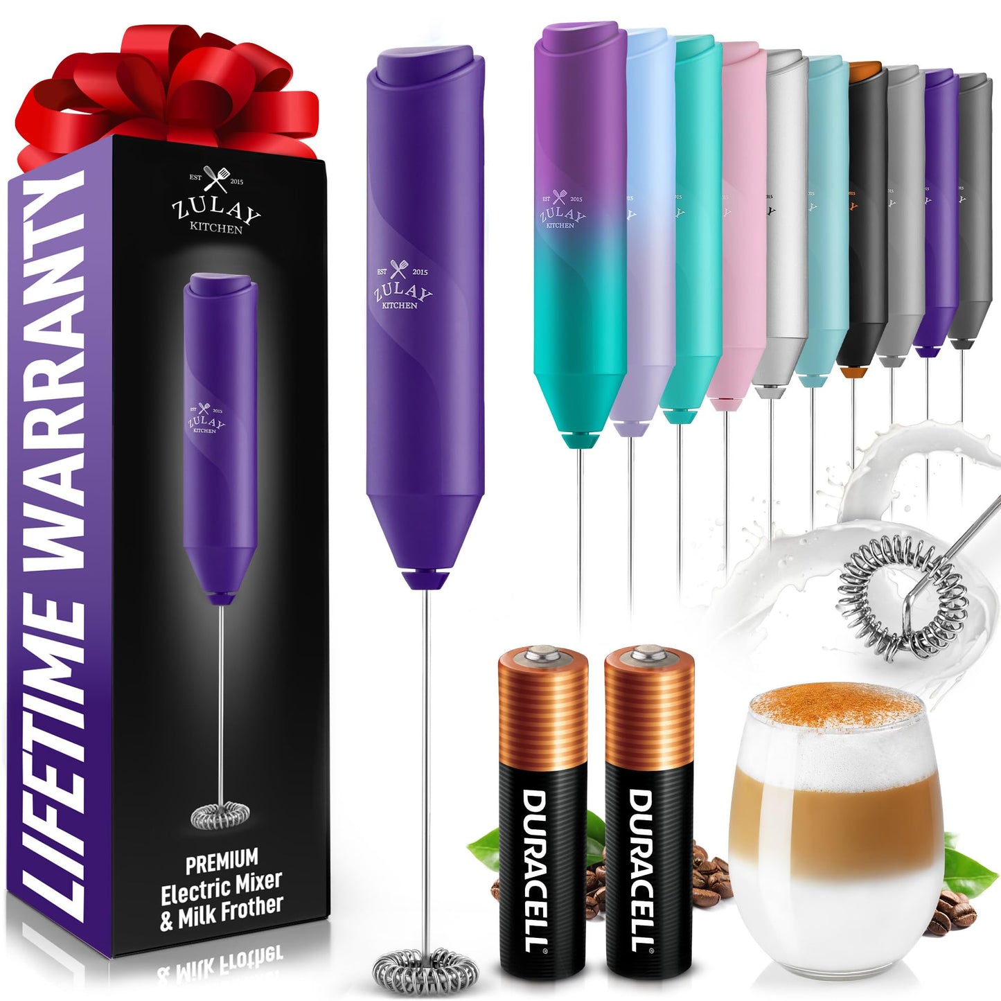 Zulay Kitchen Powerful Milk Frother Wand - Handheld Stainless Steel - Battery Operated Drink Mixer for Coffee, Lattes, Cappuccino, Matcha - Froth Mate Frother Gift - Black