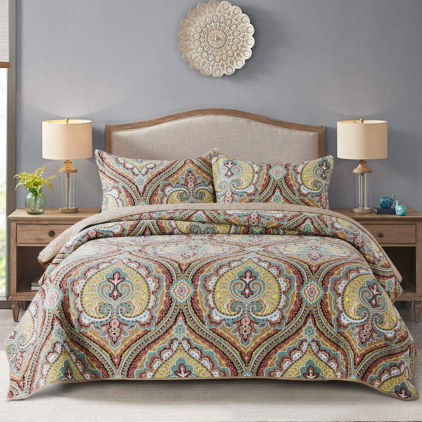 NEWLAKE Quilt Bedspread Sets-Checkered Floral Reversible Coverlet Set,Queen Size
