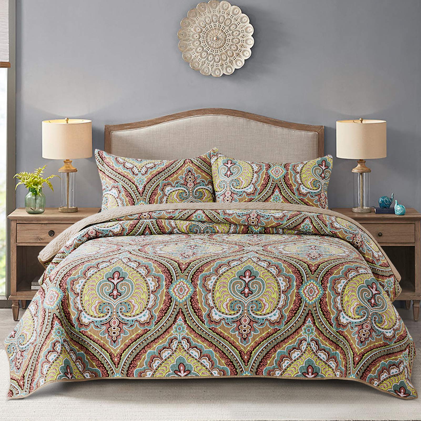 NEWLAKE Quilt Bedspread Sets-Checkered Floral Reversible Coverlet Set,Queen Size