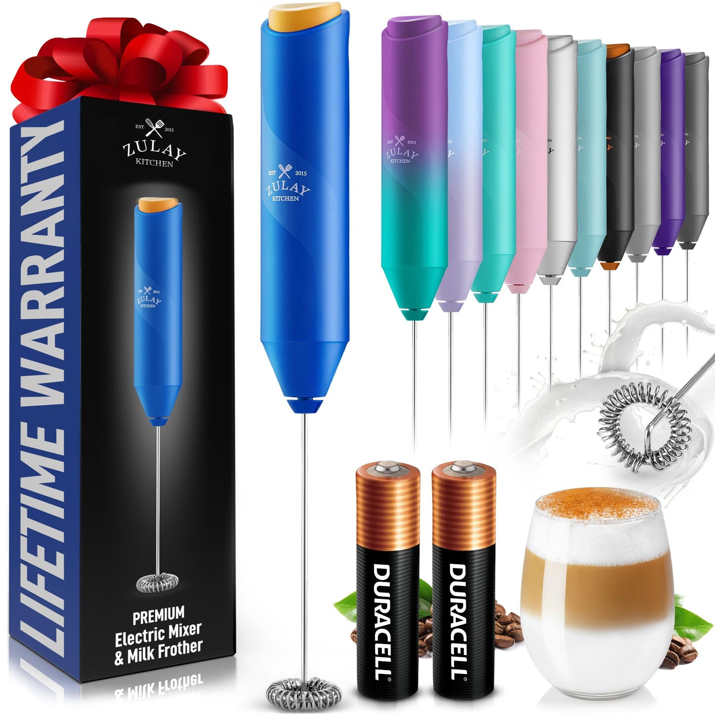 Zulay Kitchen Powerful Milk Frother Wand - Handheld Stainless Steel - Battery Operated Drink Mixer for Coffee, Lattes, Cappuccino, Matcha - Froth Mate Frother Gift - Black