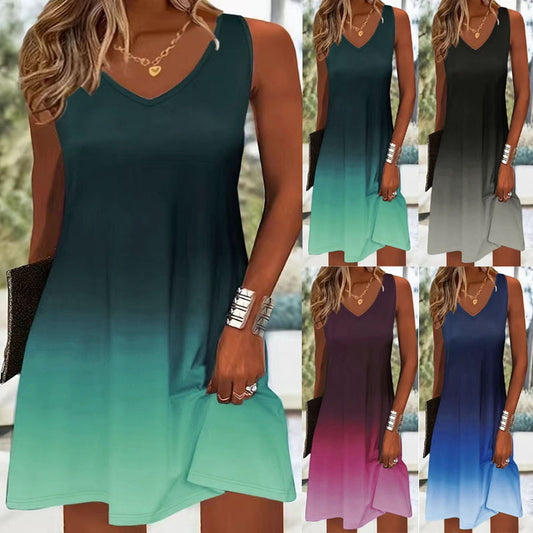 Printed Fashion Casual Sleeveless V-neck Gradient Color Strap Dress