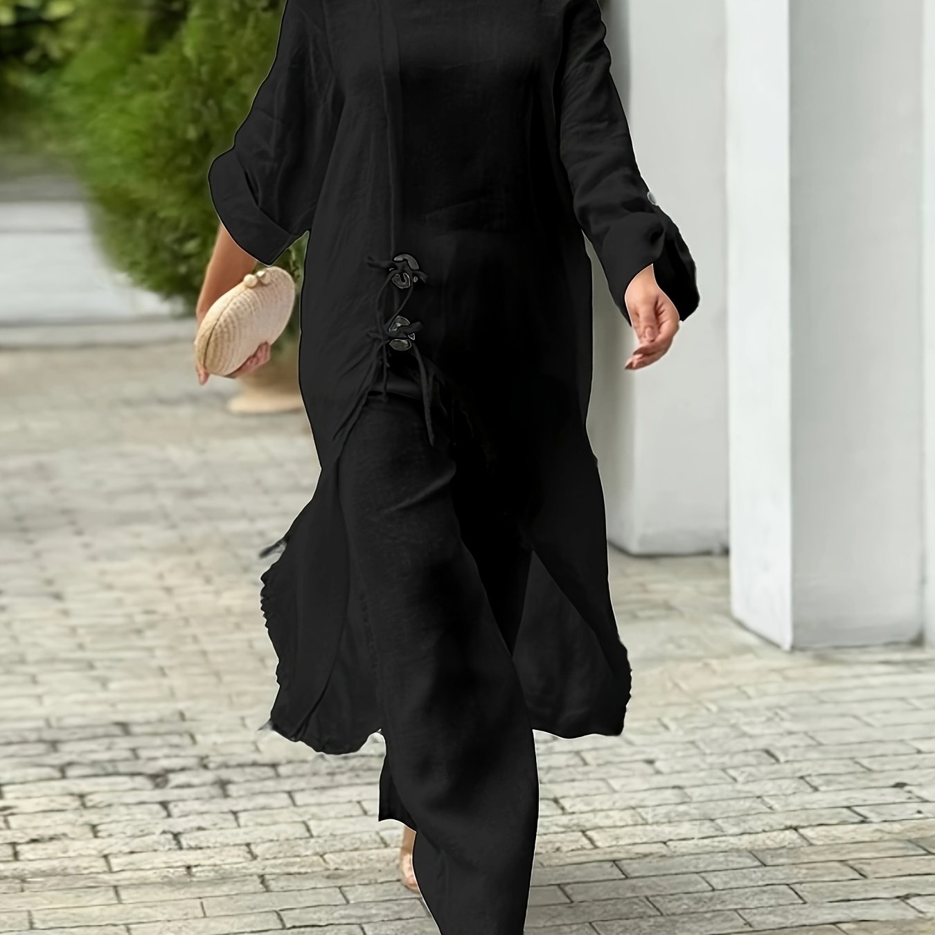 2pcs Strapless Long Sleeve Tie Slit Top And Casual Wide Leg Pants Set