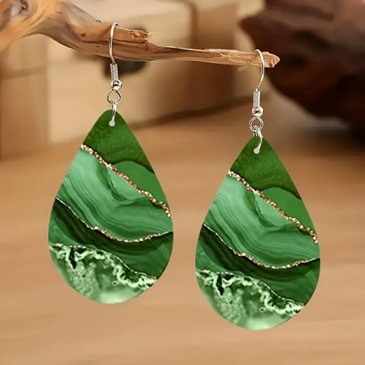 2 Pc Bohemian Minimalist Double-Sided Water Drop Earrings with Marbled & Glitter Design