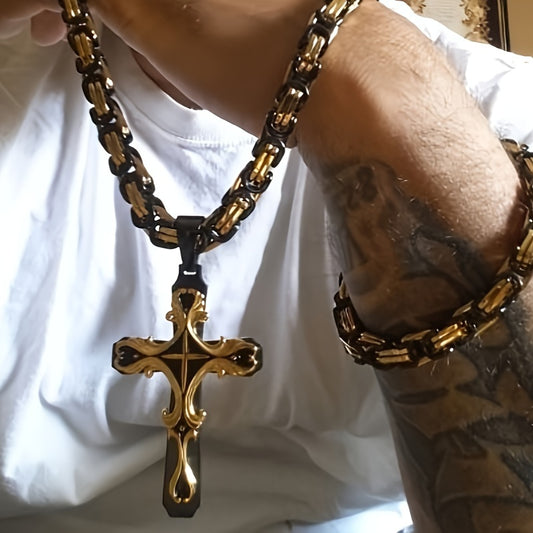2pcs vintage necklace, Cuban chain beads, weight sense men fashion pin, hand pin set