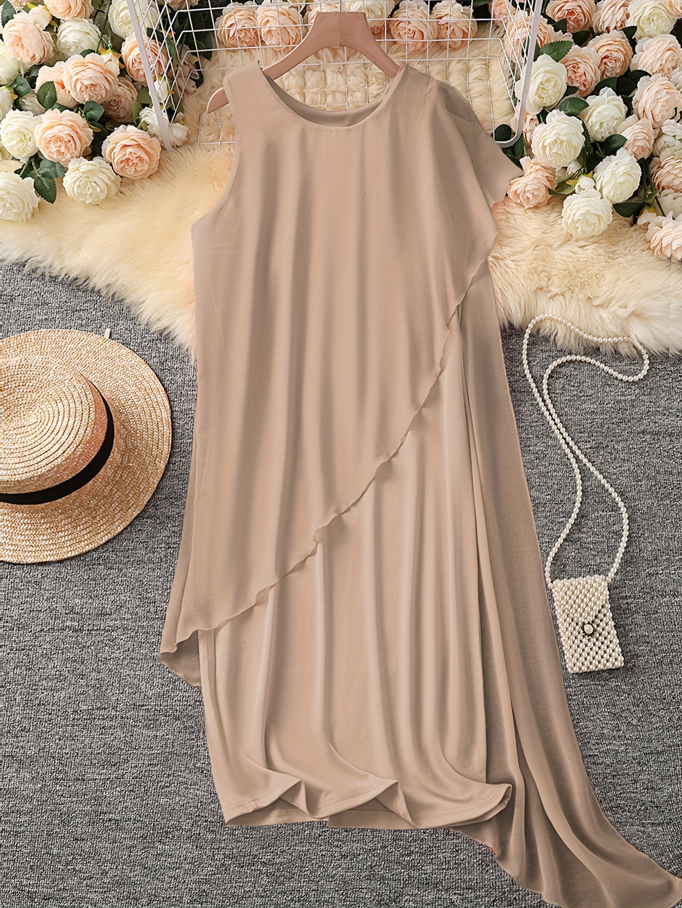 Elegant Solid Color Irregular Chiffon Patchwork Sleeveless Round Neck Dress