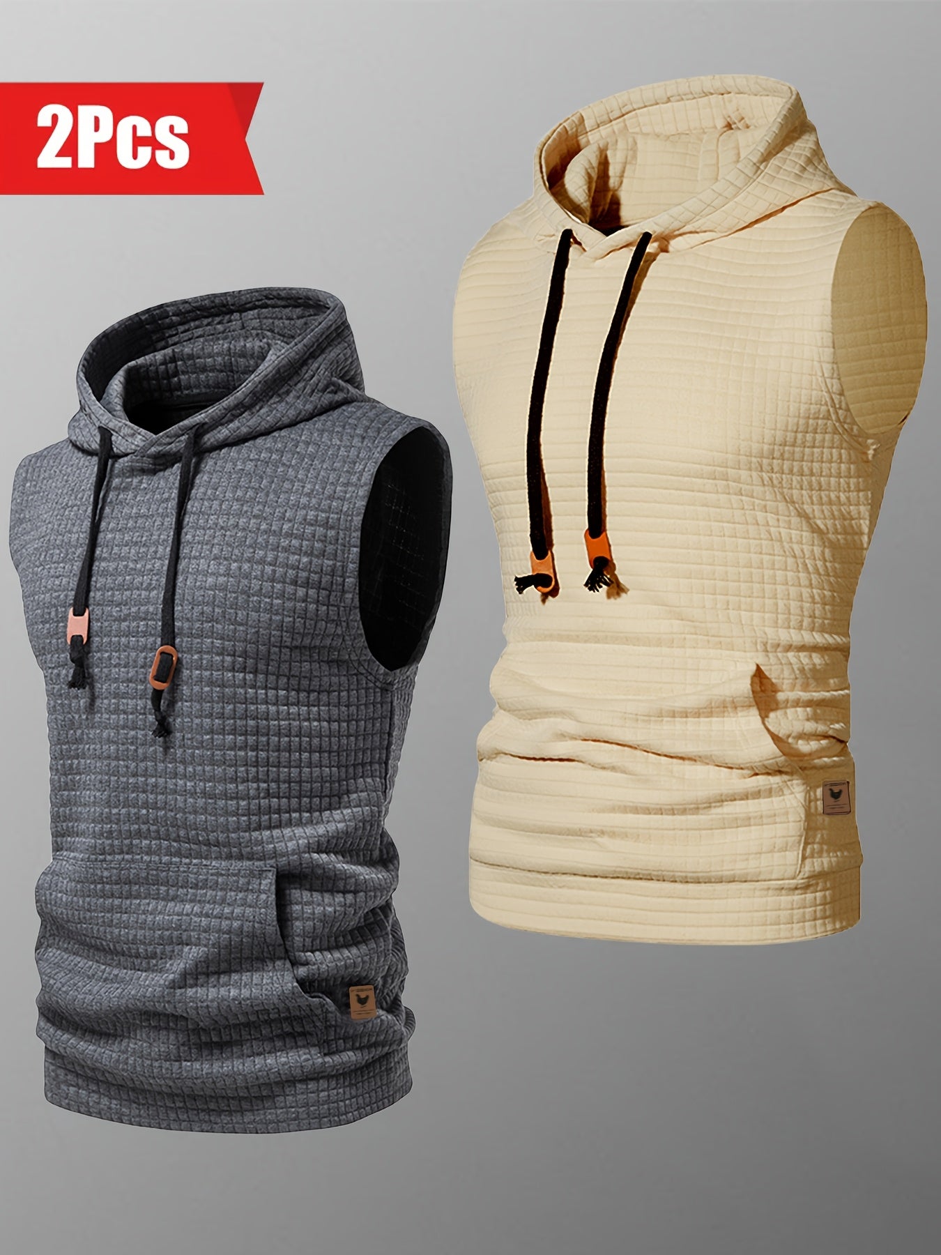 2pcs Casual Sleeveless Hooded Jacquard Tank Top