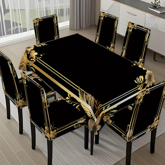 Black & Gold Design Tablecloth with Chair Covers – Set of 5 or 7 Pieces