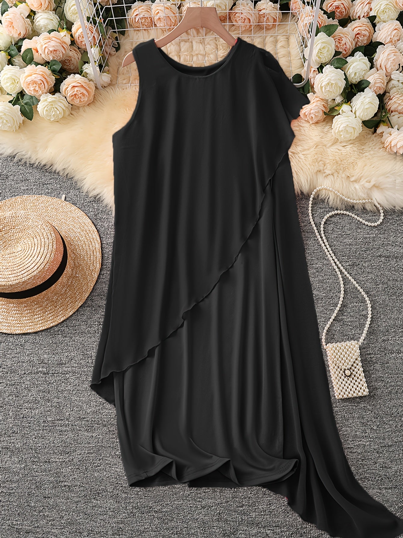 Elegant Solid Color Irregular Chiffon Patchwork Sleeveless Round Neck Dress