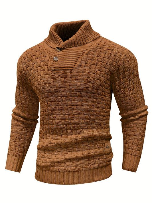 High Stretch Men’s Casual Sweater, Chic Mature Waffle Pattern Pullover